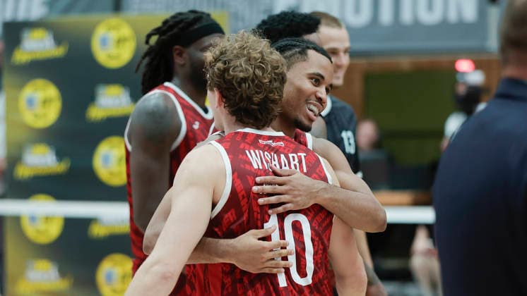 Pictured: Celebrations after the victory; from left: Calvin Wishart (Wuerzburg Baskets, 10) and Sam Griffin (Wuerzburg Baskets, 4), February 10, 2026, Fitness First Würzburg Baskets vs. Telekom Baskets Bonn, easyCredit BBL, Matchday 4, Germany, 97072, tectake Arena Würzburg, Copyright: HMBxMedia xJulienxBecker