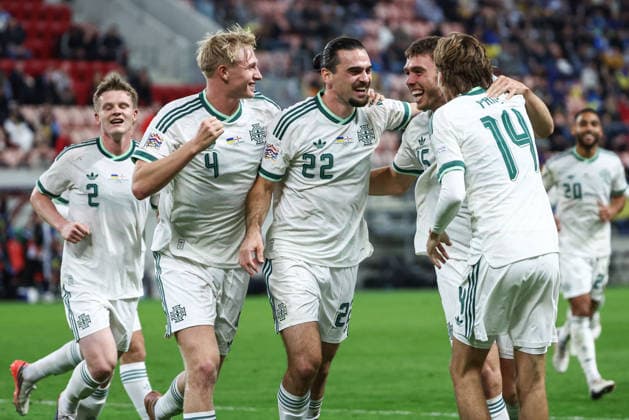 UEFA Nations League Group Stage, Anton MalatinskÃ½ Stadium, Trnava, Slovakia 2 10 2026 Ukraine vs Northern Ireland Northern Ireland s Ciaron Brown celebrates scoring his second goal with teammates Ciaron Brown celebrates scoring his second goal with teammates 2 10 2026  Copyright: xx Ukraine v N Ireland_119