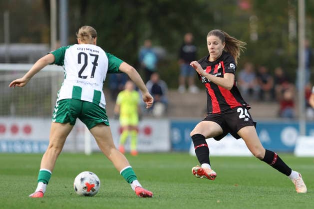 Sarah Gutmann of SV Werder Bremen and Lilla Turanyi of Bayer 04 Leverkusen battle for the ball during the Women s Bundesliga match between Bayer 04 Leverkusen and SV Werder Bremen at Ulrich Haberland Stadium on October 2, 2026, in Leverkusen, Germany. Photo by Oliver Kaelke, DeFodi Images. Sarah Gutmann of SV Werder Bremen and Lilla Turanyi of Bayer 04 Leverkusen battle for the ball during the Bundesliga match between Bayer 04 Leverkusen and SV Werder Bremen at Ulrich Haberland Stadium on October 2, 2026 in Leverkusen, Germany. Photo by Oliver Kaelke, DeFodi Images. DFB and DFL regulations prohibit any use of photographs as image sequences and or quasi-video. Photo by Oliver Kaelke, DeFodi Images.
