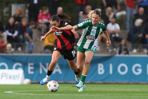 Loreen Bender of Bayer 04 Leverkusen and Juliane Wirtz of SV Werder Bremen battle for the ball during the Women s Bundesliga match between Bayer 04 Leverkusen and SV Werder Bremen at Ulrich Haberland Stadium on October 2, 2026, in Leverkusen, Germany. Photo by Oliver Kaelke, DeFodi Images. Loreen Bender of Bayer 04 Leverkusen and Juliane Wirtz of SV Werder Bremen battle for the ball during the Bundesliga match between Bayer 04 Leverkusen and SV Werder Bremen at Ulrich Haberland Stadium on October 2, 2026 in Leverkusen, Germany. Photo by Oliver Kaelke, DeFodi Images. DFB and DFL regulations prohibit any use of photographs as image sequences and or quasi-video. Photo by Oliver Kaelke, DeFodi Images.