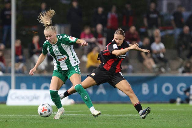 Isabella Jaron of SV Werder Bremen and Estrella Merino Gonzalez of Bayer 04 Leverkusen battle for the ball during the Women s Bundesliga match between Bayer 04 Leverkusen and SV Werder Bremen at Ulrich Haberland Stadium on October 2, 2026, in Leverkusen, Germany. Photo by Oliver Kaelke, DeFodi Images. Isabella Jaron of SV Werder Bremen and Estrella Merino Gonzalez of Bayer 04 Leverkusen battle for the ball during the Bundesliga match between Bayer 04 Leverkusen and SV Werder Bremen at Ulrich Haberland Stadium on October 2, 2026 in Leverkusen, Germany. Photo by Oliver Kaelke, DeFodi Images. DFB and DFL regulations prohibit any use of photographs as image sequences and or quasi-video. Photo by Oliver Kaelke, DeFodi Images.