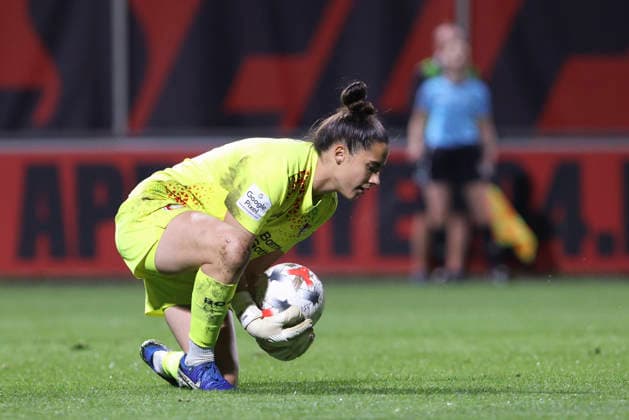 Goalkeeper Charlotte Voll of Bayer 04 Leverkusen in action, on the ball, making a solo play during the Women s Bundesliga match between Bayer 04 Leverkusen and SV Werder Bremen, at Ulrich Haberland Stadium on October 2, 2026, in Leverkusen, Germany. Photo by Oliver Kaelke, DeFodi Images. Goalkeeper Charlotte Voll of Bayer 04 Leverkusen controls the ball during the Bundesliga match between Bayer 04 Leverkusen and SV Werder Bremen at Ulrich Haberland Stadium on October 2, 2026 in Leverkusen, Germany. Photo by Oliver Kaelke, DeFodi Images. DFB and DFL regulations prohibit any use of photographs as image sequences and or quasi-video. Photo by Oliver Kaelke, DeFodi Images.