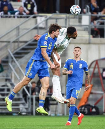 UEFA Nations League Group Stage, Anton MalatinskÃ½ Stadium, Trnava, Slovakia 2 10 2026 Ukraine vs Northern Ireland Northern Ireland™s Josh Magennis with Ukraine s Illia Zabarnyi Josh Magennis with Illia Zabarnyi 2 10 2026  Copyright: xx Ukraine v N Ireland_132