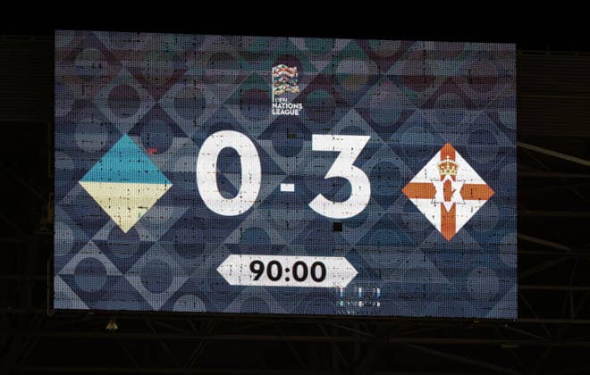 UEFA Nations League Group Stage, Anton MalatinskÃ½ Stadium, Trnava, Slovakia 2 10 2026 Ukraine vs Northern Ireland A view of the score board at full-time A view of the score board at full-time 2 10 2026  Copyright: xx Ukraine v N Ireland_149