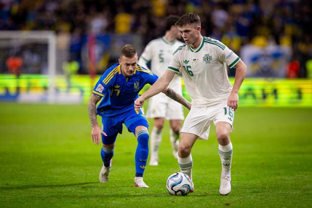 UKRAINE - NORTHERN IRELAND Oleksandr Nazarenko of Ukraine and Polissya Zhytomyr and Patrick Kelly of Northern Ireland and Barnsley during UEFA Nations League - League B - Group B2 - Matchday 3 - football match between Ukraine and Northern Ireland. Anton Malatinsky Stadium, City Arena, Trnava, Slovakia, October 02, 2026. Photo by Branislav Racko Copyright: xx 080A0661