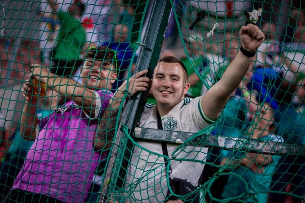 UKRAINE - NORTHERN IRELAND Fans of Northern Ireland celebrate after UEFA Nations League - League B - Group B2 - Matchday 3 - football match between Ukraine and Northern Ireland. Anton Malatinsky Stadium, City Arena, Trnava, Slovakia, October 02, 2026. Photo by Branislav Racko Copyright: xx 080A0767