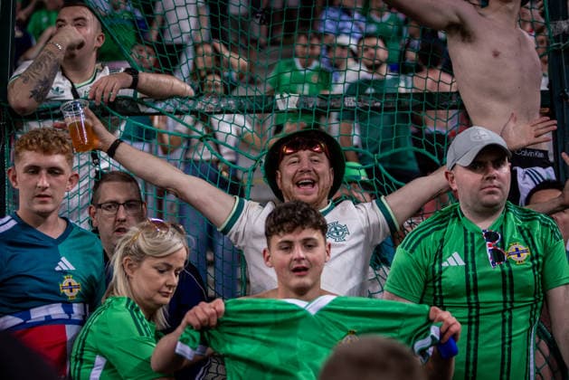 UKRAINE - NORTHERN IRELAND Fans of Northern Ireland celebrate after UEFA Nations League - League B - Group B2 - Matchday 3 - football match between Ukraine and Northern Ireland. Anton Malatinsky Stadium, City Arena, Trnava, Slovakia, October 02, 2026. Photo by Branislav Racko Copyright: xx 080A0827