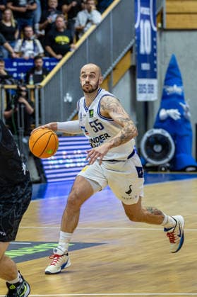 Portrait of Simon Krajcovic (HAKRO Merlins Crailsheim), age 55, with cheeks puffed out by a ball, GER, HAKRO Merlins Crailsheim vs. Tigers Tübingen, basketball, 2nd Basketball Bundesliga, Pro A, Matchday 02, 2026–2027 season, October 2, 2026, GER, HAKRO Merlins Crailsheim vs. Tigers Tübingen, Basketball, 2nd Basketball Bundesliga, Pro A, Matchday 2, 2026–2027 Season, October 2, 2026, Ilshofen Copyright: xEibner-Pressefoto JanixPlessx EP_JPL