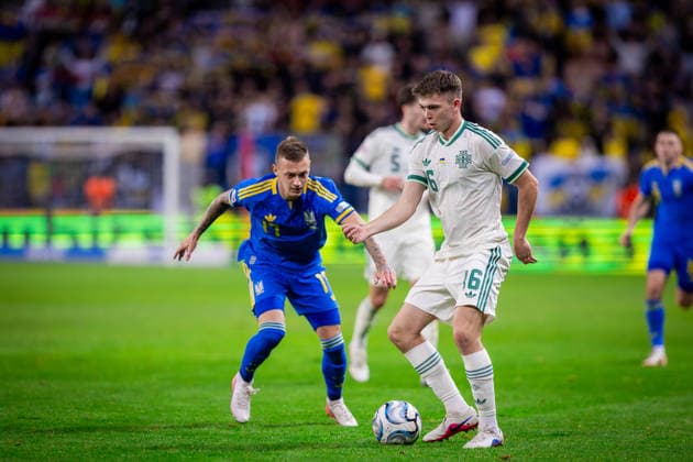 UKRAINE - NORTHERN IRELAND Patrick Kelly of Northern Ireland and Barnsley and Oleksandr Nazarenko of Ukraine and Polissya Zhytomyr during UEFA Nations League - League B - Group B2 - Matchday 3 - football match between Ukraine and Northern Ireland. Anton Malatinsky Stadium, City Arena, Trnava, Slovakia, October 02, 2026. Photo by Branislav Racko Copyright: xx 080A0663
