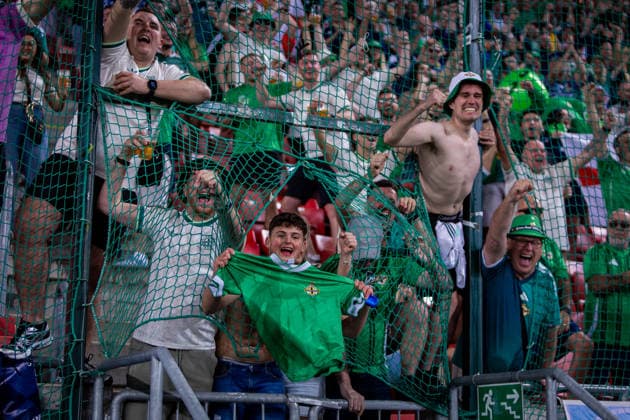 UKRAINE - NORTHERN IRELAND Fans of Northern Ireland celebrate after UEFA Nations League - League B - Group B2 - Matchday 3 - football match between Ukraine and Northern Ireland. Anton Malatinsky Stadium, City Arena, Trnava, Slovakia, October 02, 2026. Photo by Branislav Racko Copyright: xx 080A0689