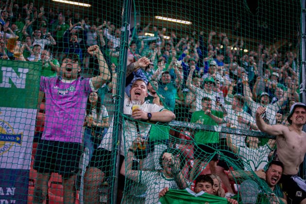 UKRAINE - NORTHERN IRELAND Fans of Northern Ireland celebrate after UEFA Nations League - League B - Group B2 - Matchday 3 - football match between Ukraine and Northern Ireland. Anton Malatinsky Stadium, City Arena, Trnava, Slovakia, October 02, 2026. Photo by Branislav Racko Copyright: xx 080A0694
