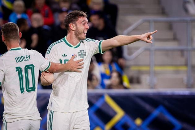 UKRAINE - NORTHERN IRELAND Ruairi McConville of Northern Ireland and Norwich City celebrates a goal during UEFA Nations League - League B - Group B2 - Matchday 3 - football match between Ukraine and Northern Ireland. Anton Malatinsky Stadium, City Arena, Trnava, Slovakia, October 02, 2026. Photo by Branislav Racko Copyright: xx 080A8787