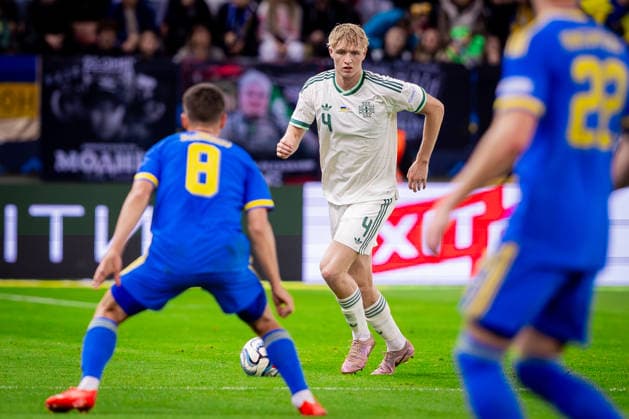UKRAINE - NORTHERN IRELAND Tom Atcheson of Northern Ireland and Blackburn Rovers on the ball during UEFA Nations League - League B - Group B2 - Matchday 3 - football match between Ukraine and Northern Ireland. Anton Malatinsky Stadium, City Arena, Trnava, Slovakia, October 02, 2026. Photo by Branislav Racko Copyright: xx 080A9001