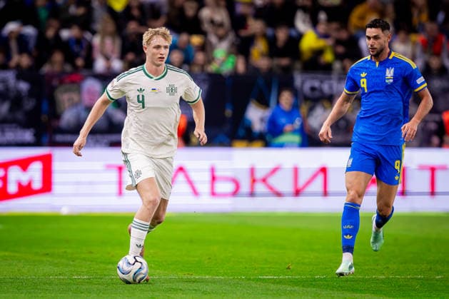 UKRAINE - NORTHERN IRELAND Tom Atcheson of Northern Ireland and Blackburn Rovers and Roman Yaremchuk of Ukraine and Olympiacos during UEFA Nations League - League B - Group B2 - Matchday 3 - football match between Ukraine and Northern Ireland. Anton Malatinsky Stadium, City Arena, Trnava, Slovakia, October 02, 2026. Photo by Branislav Racko Copyright: xx 080A9020