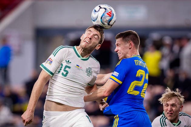 UKRAINE - NORTHERN IRELAND Ruairi McConville of Northern Ireland and Norwich City and Mykola Matviyenko of Ukraine and Shakhtar Donetsk during UEFA Nations League - League B - Group B2 - Matchday 3 - football match between Ukraine and Northern Ireland. Anton Malatinsky Stadium, City Arena, Trnava, Slovakia, October 02, 2026. Photo by Branislav Racko Copyright: xx 080A9158