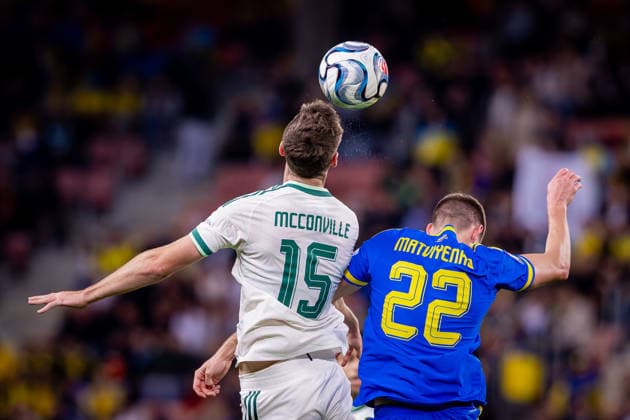 UKRAINE - NORTHERN IRELAND Ruairi McConville of Northern Ireland and Norwich City and Mykola Matviyenko of Ukraine and Shakhtar Donetsk during UEFA Nations League - League B - Group B2 - Matchday 3 - football match between Ukraine and Northern Ireland. Anton Malatinsky Stadium, City Arena, Trnava, Slovakia, October 02, 2026. Photo by Branislav Racko Copyright: xx 080A9222