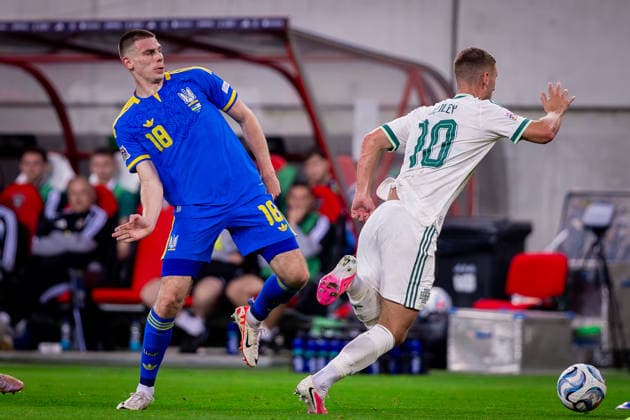 UKRAINE - NORTHERN IRELAND Oleh Ocheretko of Ukraine and Shakhtar Donetsk and Jamie Donley of Northern Ireland and Luton Town during UEFA Nations League - League B - Group B2 - Matchday 3 - football match between Ukraine and Northern Ireland. Anton Malatinsky Stadium, City Arena, Trnava, Slovakia, October 02, 2026. Photo by Branislav Racko Copyright: xx 080A9252