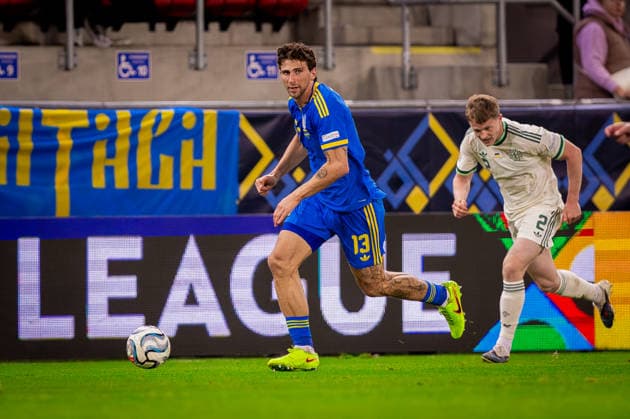 UKRAINE - NORTHERN IRELAND Illia Zabarnyi of Ukraine and Paris Saint Germain and Terry Devlin of Northern Ireland and Portsmouth during UEFA Nations League - League B - Group B2 - Matchday 3 - football match between Ukraine and Northern Ireland. Anton Malatinsky Stadium, City Arena, Trnava, Slovakia, October 02, 2026. Photo by Branislav Racko Copyright: xx 080A9667