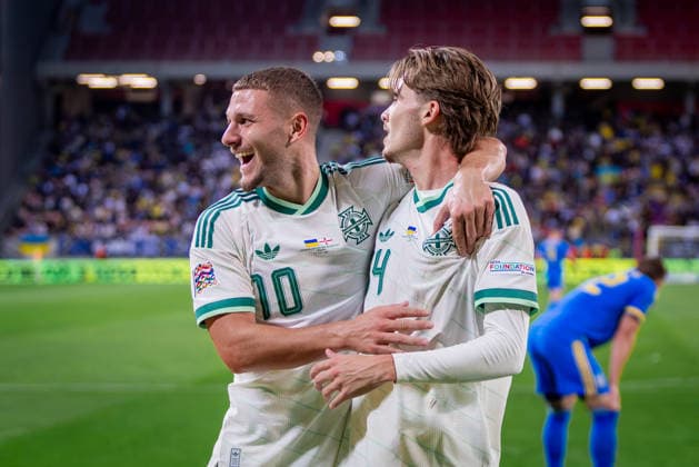 UKRAINE - NORTHERN IRELAND Isaac Price of Northern Ireland and West Bromwich Albion celebrates a goal with Jamie Donley of Northern Ireland and Luton Town during UEFA Nations League - League B - Group B2 - Matchday 3 - football match between Ukraine and Northern Ireland. Anton Malatinsky Stadium, City Arena, Trnava, Slovakia, October 02, 2026. Photo by Branislav Racko Copyright: xx _BRR0386