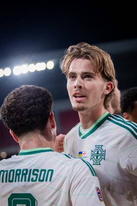 UKRAINE - NORTHERN IRELAND Isaac Price of Northern Ireland and West Bromwich Albion celebrates a goal during UEFA Nations League - League B - Group B2 - Matchday 3 - football match between Ukraine and Northern Ireland. Anton Malatinsky Stadium, City Arena, Trnava, Slovakia, October 02, 2026. Photo by Branislav Racko Copyright: xx _BRR0439