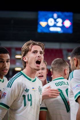 UKRAINE - NORTHERN IRELAND Isaac Price of Northern Ireland and West Bromwich Albion celebrates a goal during UEFA Nations League - League B - Group B2 - Matchday 3 - football match between Ukraine and Northern Ireland. Anton Malatinsky Stadium, City Arena, Trnava, Slovakia, October 02, 2026. Photo by Branislav Racko Copyright: xx _BRR0454