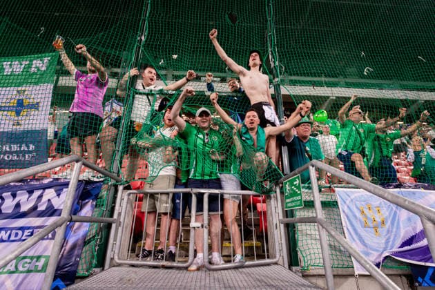 UKRAINE - NORTHERN IRELAND Fans of Northern Ireland celebrate after UEFA Nations League - League B - Group B2 - Matchday 3 - football match between Ukraine and Northern Ireland. Anton Malatinsky Stadium, City Arena, Trnava, Slovakia, October 02, 2026. Photo by Branislav Racko Copyright: xx _BRR0510