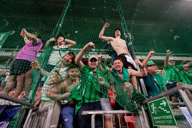 UKRAINE - NORTHERN IRELAND Fans of Northern Ireland celebrate after UEFA Nations League - League B - Group B2 - Matchday 3 - football match between Ukraine and Northern Ireland. Anton Malatinsky Stadium, City Arena, Trnava, Slovakia, October 02, 2026. Photo by Branislav Racko Copyright: xx _BRR0515