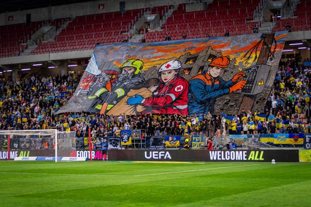 UKRAINE - NORTHERN IRELAND Fans of Ukraine during UEFA Nations League - League B - Group B2 - Matchday 3 - football match between Ukraine and Northern Ireland. Anton Malatinsky Stadium, City Arena, Trnava, Slovakia, October 02, 2026. Photo by Branislav Racko Copyright: xx _BRR0314