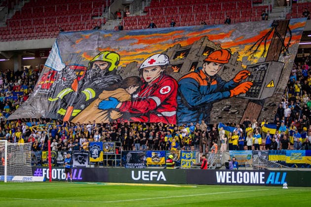 UKRAINE - NORTHERN IRELAND Fans of Ukraine during UEFA Nations League - League B - Group B2 - Matchday 3 - football match between Ukraine and Northern Ireland. Anton Malatinsky Stadium, City Arena, Trnava, Slovakia, October 02, 2026. Photo by Branislav Racko Copyright: xx _BRR0317
