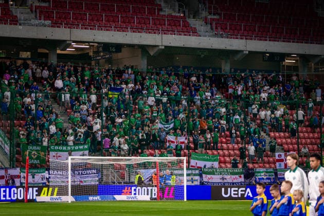 UKRAINE - NORTHERN IRELAND Fans of Northern Ireland during UEFA Nations League - League B - Group B2 - Matchday 3 - football match between Ukraine and Northern Ireland. Anton Malatinsky Stadium, City Arena, Trnava, Slovakia, October 02, 2026. Photo by Branislav Racko Copyright: xx _BRR0322
