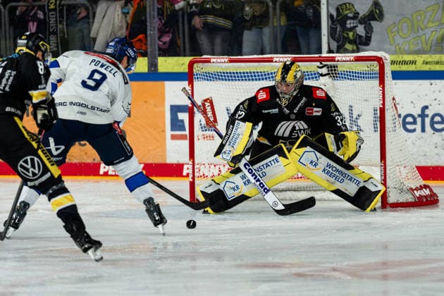 Myles Powell (ERC Ingolstadt, 09) takes on Juha Jatkola (Krefeld Pinguine, 32), GER, Krefeld Pinguine vs. ERC Ingolstadt, ice hockey, PENNY DEL, Matchday 5, 2026–2027 season, October 2, 2026, GER, Krefeld Pinguine vs. ERC Ingolstadt, Ice Hockey, PENNY DEL, Matchday 5, 2026–2027 Season, October 2, 2026, Krefeld Copyright: xEibner-Pressefoto FabianxFriesex EP_FFE