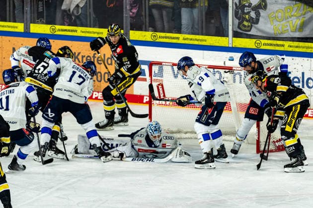 It s getting crowded in front of Devin Williams net ERC Ingolstadt, 31, GER, Krefeld Pinguine vs. ERC Ingolstadt, Ice Hockey, PENNY DEL, Matchday 5, 2026–2027 Season, October 2, 2026, GER, Krefeld Pinguine vs. ERC Ingolstadt, Ice Hockey, PENNY DEL, Matchday 5, 2026–2027 Season, October 2, 2026, Krefeld Copyright: xEibner-Pressefoto FabianxFriesex EP_FFE