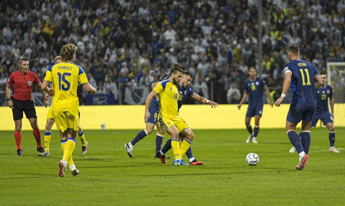 Bosnia and Herzegovina v Sweden - UEFA Nations League ZENICA, BOSNIA AND HERZEGOVINA - OCTOBER 02: Players of Bosnia and Herzegovina and Sweden in action during the UEFA Nations League Group B4 soccer match between Bosnia and Herzegovina and Sweden at the Kamberovica polje Stadium (Bilino Polje Stadium) in Zenica, Bosnia and Herzegovina on October 02, 2026. Samir Jordamovic Anadolu Sarajevo Bosnia and Herzegovina. Editorial use only. Please get in touch for any other usage.  Copyright: x2026xAnadoluxSamirxJordamovicx