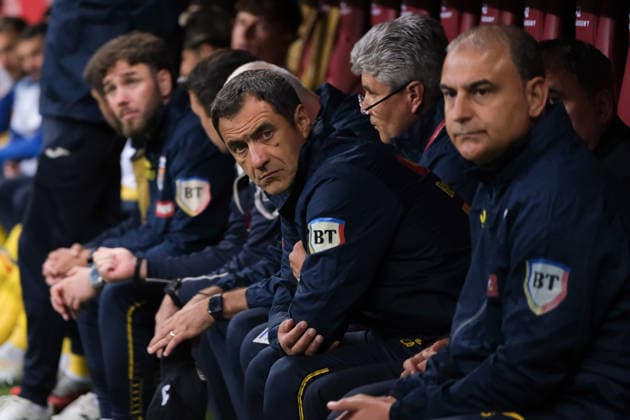 October 2, 2026, Warsaw, Masovian Voivodeship, Poland: Romania s manager GHEORGHE HAGI (center) on the bench with his assistants before kick-off of a UEFA Nations League Group B4 match between the Polish and Romanian national teams at the PGE Narodowy Stadium in Warsaw. Poland went on to win against Romania 6 goals to 0. Soccer 2026: UEFA Nations League: Poland 6:0 Romania  - ZUMAk204 20261002_zip_k204_004 Copyright: xRomanxKozielx
