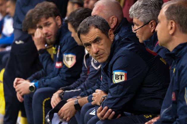 October 2, 2026, Warsaw, Masovian Voivodeship, Poland: Romania s manager GHEORGHE HAGI (center) on the bench with his assistants before kick-off of a UEFA Nations League Group B4 match between the Polish and Romanian national teams at the PGE Narodowy Stadium in Warsaw. Poland went on to win against Romania 6 goals to 0. Soccer 2026: UEFA Nations League: Poland 6:0 Romania  - ZUMAk204 20261002_zip_k204_005 Copyright: xRomanxKozielx