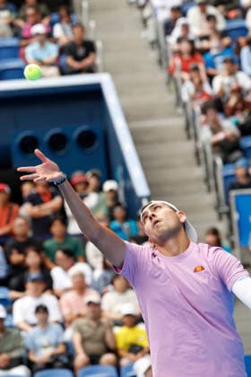 October 3, 2026, Tokyo, Japan: Alejandro Tabilo (Chile) serves against Denis Shapovalov (Canada) during their Round of 16 match at the Kinoshita Group Japan Open Tennis Championships at Ariake Colosseum in Tokyo. The tournament runs from September 29 to October 6. Shapovalov won 7-5, 3-6, 6-4. Tennis 2026: Denis Shapovalov Battles Alejandro Tabilo In Japan Open  - ZUMAm191 20261003_aap_m191_023 Copyright: xRodrigoxReyesxMarinx