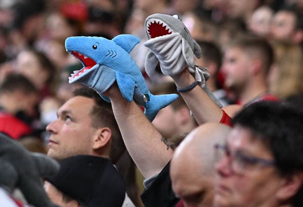 0210 2026, xophax, KEC, ice hockey, Haie Lanxess Arena, Kölner Haie vs. EHC Red Bull Munich, loss, crisis, fans at the KEC with a stuffed shark, Cologne