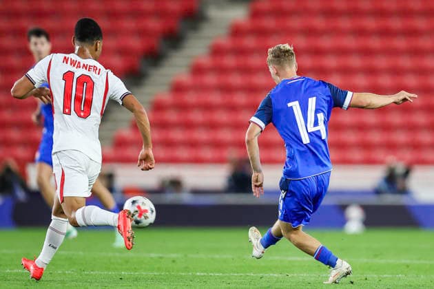 England v Slovakia - UEFA U21, U 21 EURO 2027 Qualifier Tadeas Hajovsky of Slovakia, wearing number 14, shoots the ball to the right during the UEFA Under 21 Championship Qualifiers Group D match between England Under 21s and Slovakia at the bet365 Stadium in Stoke-on-Trent, on October 2, 2026. Stoke-on-Trent Staffordshire United Kingdom  Copyright: xMIxNewsx originalFilename:fletcher-englandu261002_npKJB.jpg