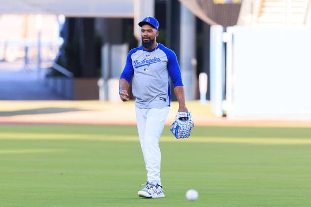 October 2, 2026, Los Angeles, California, USA: Teoscar Hernandez 37 of the Los Angeles Dodgers during a workout in preparation for Game 1 of the NLDS game against the Atlanta Braves on Friday October 2, 2026 at Dodger Stadium in Los Angeles, California. JAVIER ROJAS PI Dodgers NLDS - Workout  - ZUMAp124 20261002_zaa_p124_108 Copyright: xJavierxRojasx