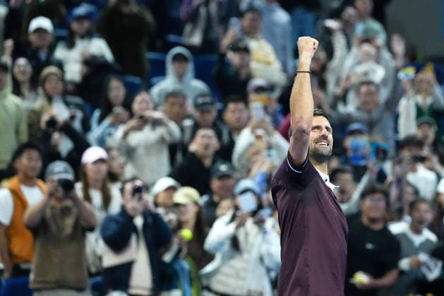 (261003) -- BEIJING, Oct. 3, 2026 -- Novak Djokovic celebrates after the men s singles second round match between Bu Yunchaokete of China and Novak Djokovic of Serbia at 2026 China Open tennis tournament in Beijing, China, Oct. 2, 2026. ) (SP)CHINA-BEIJING-TENNIS-CHINA OPEN-MEN S SINGLES(CN) JuxHuanzong 