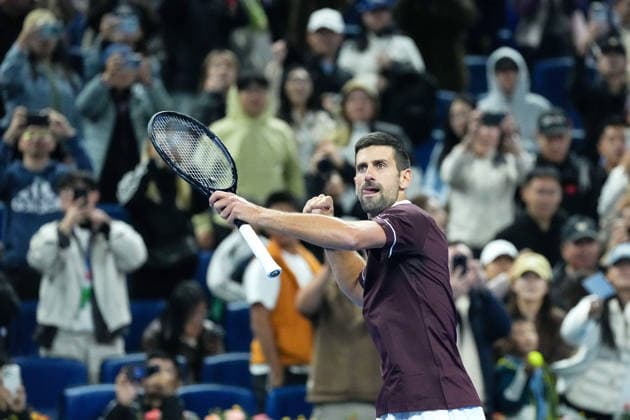 (261003) -- BEIJING, Oct. 3, 2026 -- Novak Djokovic celebrates after the men s singles second round match between Bu Yunchaokete of China and Novak Djokovic of Serbia at 2026 China Open tennis tournament in Beijing, China, Oct. 2, 2026. ) (SP)CHINA-BEIJING-TENNIS-CHINA OPEN-MEN S SINGLES(CN) JuxHuanzong 