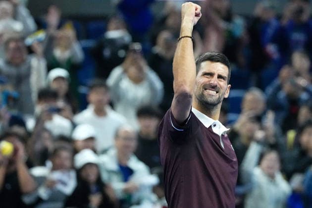 (261003) -- BEIJING, Oct. 3, 2026 -- Novak Djokovic celebrates after the men s singles second round match between Bu Yunchaokete of China and Novak Djokovic of Serbia at 2026 China Open tennis tournament in Beijing, China, Oct. 2, 2026. ) (SP)CHINA-BEIJING-TENNIS-CHINA OPEN-MEN S SINGLES(CN) JuxHuanzong 