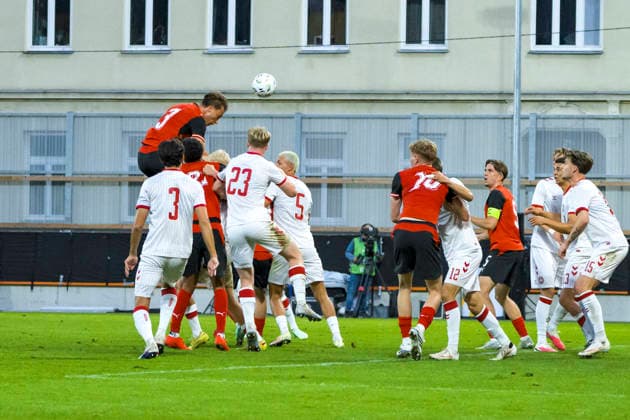 October 2, 2026, Vienna, Austria; 2027 UEFA European U-21 Qualification: Austria vs. Denmark; Christopher Olivier attempts a header Copyright: xJulianxSindricx