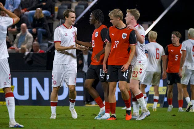 October 2, 2026, Vienna, Austria, 2027 UEFA European U-21 Qualification: Austria vs. Denmark. Oghenetejiri Adejenughure gets into a scuffle with his opponent, William Clem. Copyright: xJulianxSindricx