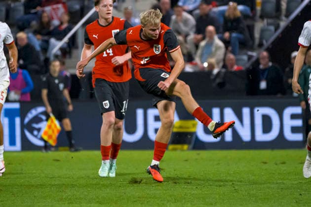 October 2, 2026, Vienna, Austria; 2027 UEFA European U-21 Qualification: Austria vs. Denmark; Erik Kojzek takes a shot on goal Copyright: xJulianxSindricx