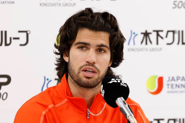 October 3, 2026, Tokyo, Japan: Carlos Alcaraz (Spain) speaks during a press conference, PK, Pressekonferenz after winning the Round of 16 match against Matteo Arnaldi (Italy) at the Kinoshita Group Japan Open Tennis Championships at Ariake Colosseum in Tokyo. The tournament runs from September 29 to October 6. Alcaraz won 7-6(6), 6-1. Tokyo Japan - ZUMAm191 20261003_aap_m191_062 Copyright: xRodrigoxReyesxMarinx