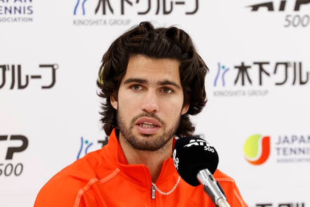 October 3, 2026, Tokyo, Japan: Carlos Alcaraz (Spain) speaks during a press conference, PK, Pressekonferenz after winning the Round of 16 match against Matteo Arnaldi (Italy) at the Kinoshita Group Japan Open Tennis Championships at Ariake Colosseum in Tokyo. The tournament runs from September 29 to October 6. Alcaraz won 7-6(6), 6-1. Tokyo Japan - ZUMAm191 20261003_aap_m191_069 Copyright: xRodrigoxReyesxMarinx