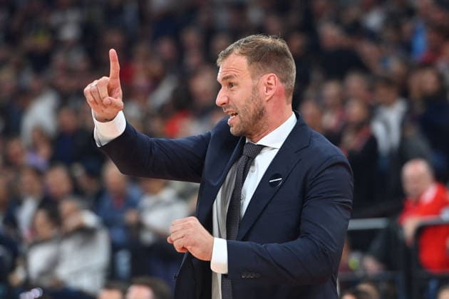 Coach Anton GAVEL (FCB), gesturing, giving instructions, single frame, cropped close-up, half-length shot, Basketball EuroLeague, 2026–2027 season, FC Bayern Munich vs. Partizan Belgrade on October 2, 2026, SAPGARDEN