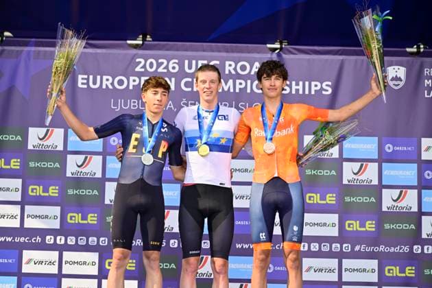 UEC 2026 Road European Championships Ljubljana 03 10 2026 LJUBLJANA, SLOVENIA - OCTOBER 03 : Dybing Elias (Norway) Martinez Aitor (Spain) and Van Den Biggelaar Jop (Netherlands) during the podium ceremony of the Men Junior cycling road race of the 2026 UEC Road European Championships Ljubljana. An UCI Continental Championships cycling race of 110,5 km with start and finish in Sencur on October 3, 2026 in Ljubljana, Slovenia, 03 10 2026 Ljubljana Slovenia  Copyright: xJanxDexMeuleneirx