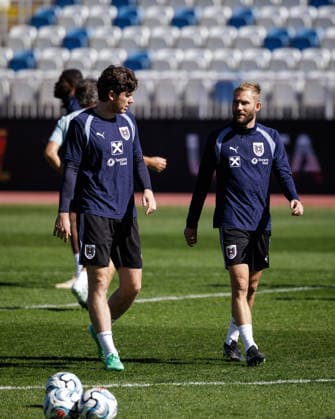 SOCCER - NL, KOS vs AUT PRISTINA,KOSOVO,03.OCT.26 - SOCCER - UEFA Nations League, OEFB international match, Länderspiel, Nationalmannschaft Kosovo vs Austria, preview, training team AUT. Image shows Michael Gregoritsch and Konrad Laimer (AUT).  GEPAxpictures xArminxRauthner